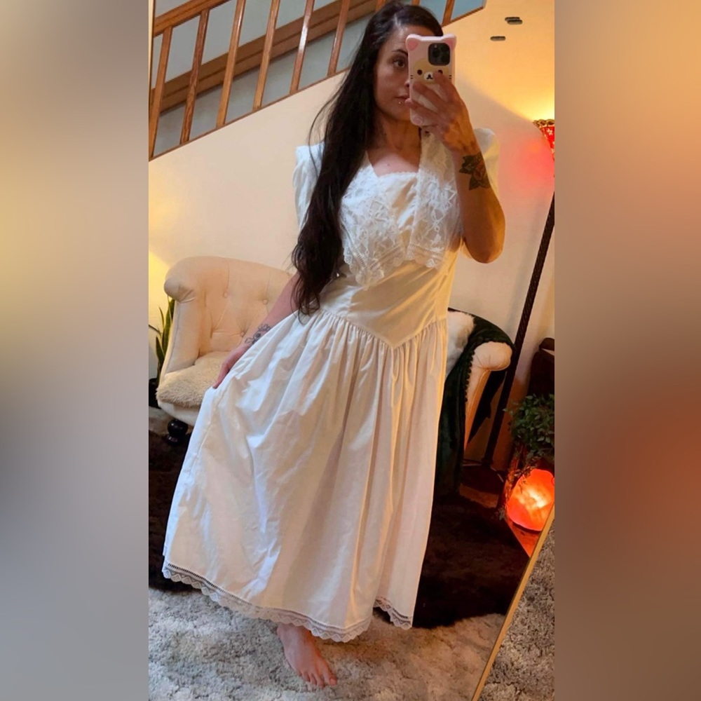 RARE Gunne Sax 1970's Short Sleeve Full Skirt Ruffled Boho Long Lace Midi Dress